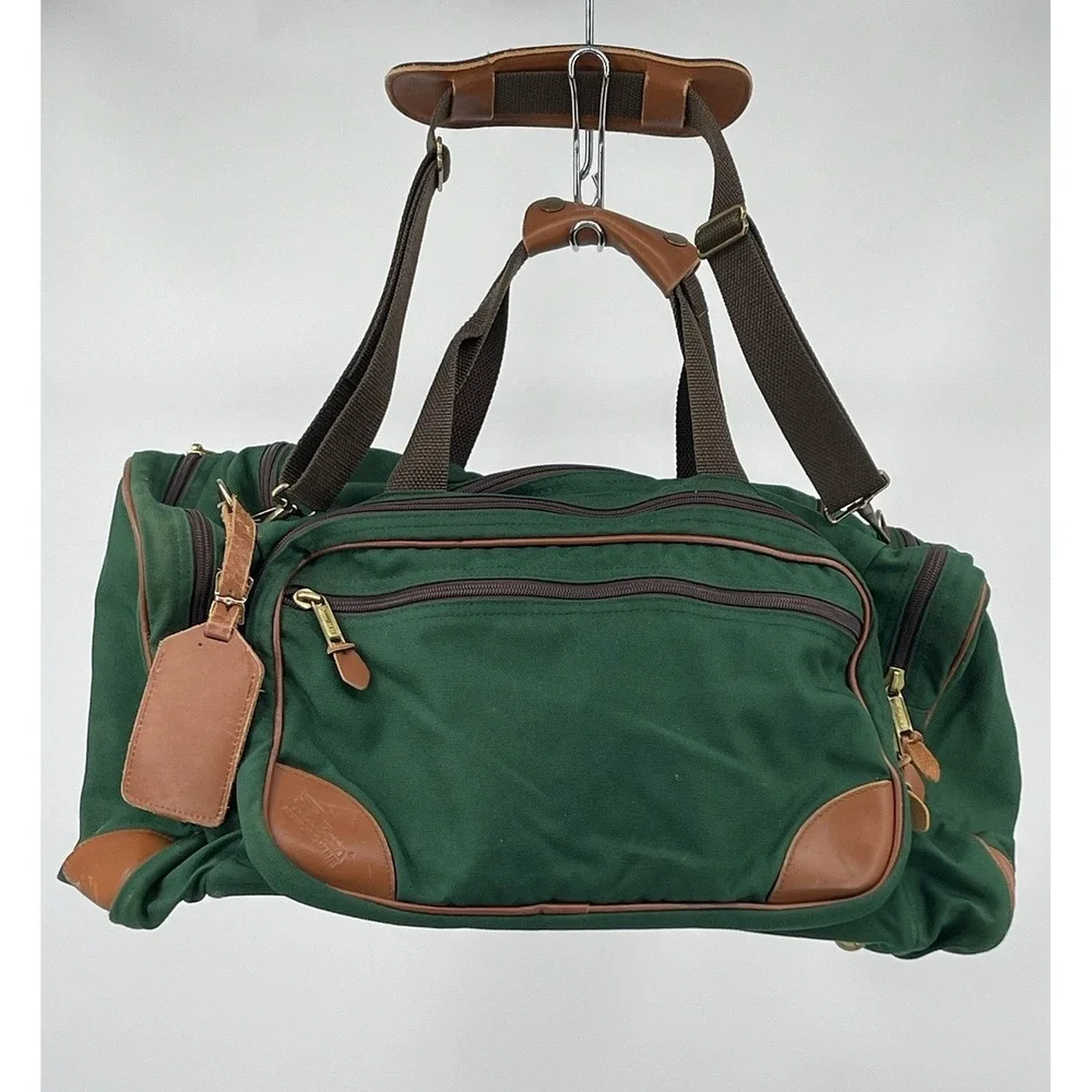 Vintage L.L.Bean Duffle Bag Green Canvas Leather Trim 22